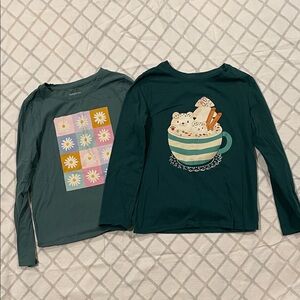 Cat & Jack Long Sleeve Tees - Dark Green with Floral and Cocoa Designs